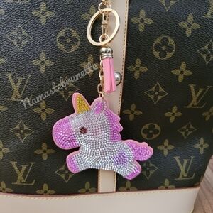 Unicorn Crystal Rhinestone Keychain Bag Charm With Blue Tassel